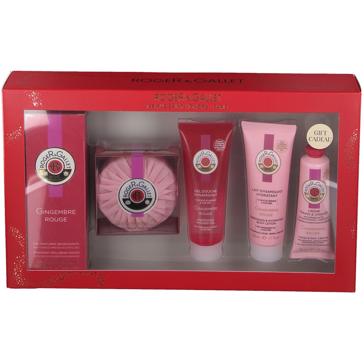 Coffret cadeau rouge avec flacon, savon, gel douche, lotion et crème pour les mains. Avec étiquette cadeau.