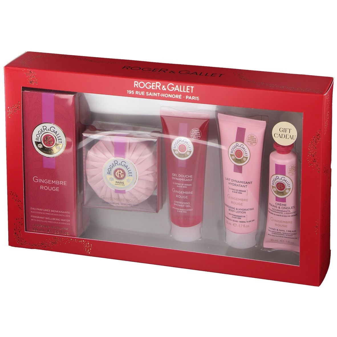 Coffret cadeau rouge avec flacon, savon, gel douche, lotion et crème pour les mains. Avec étiquette cadeau.