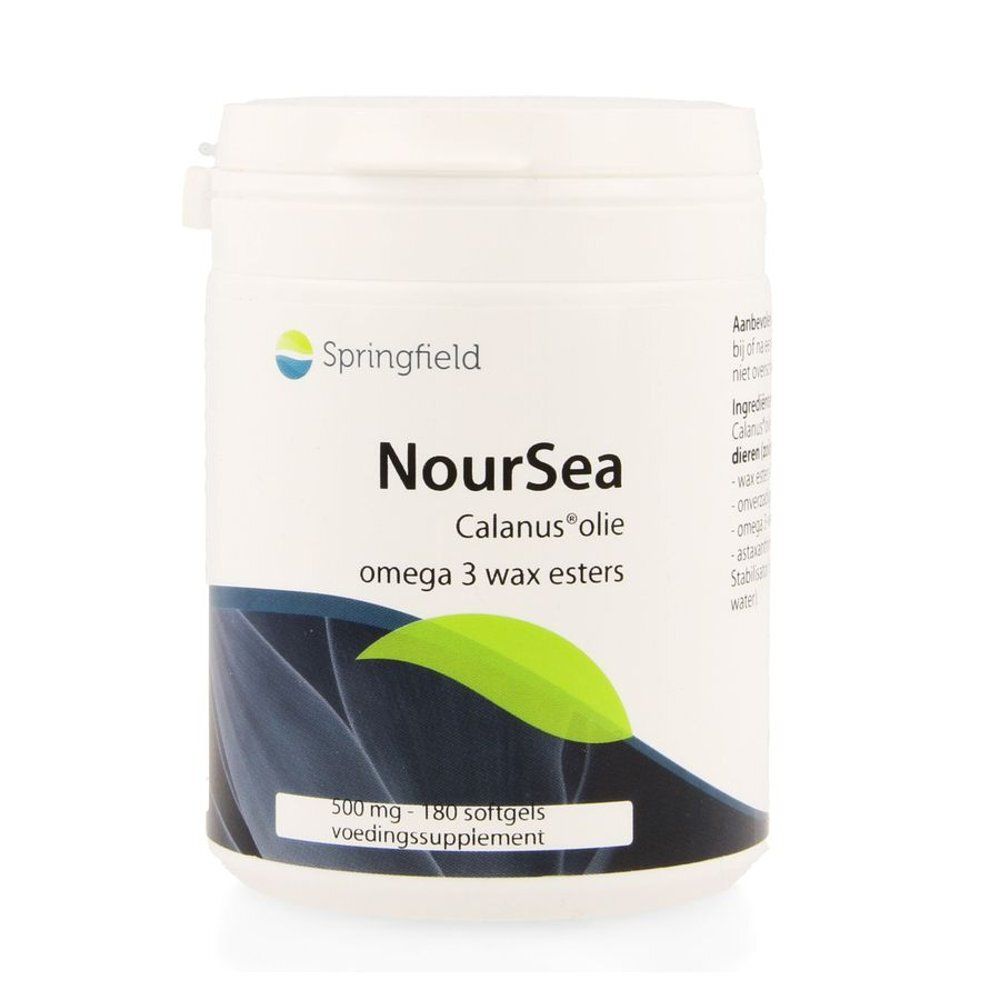 Récipient en plastique blanc avec couvercle. Inscription : Springfield Noursea Calanus olie, omega 3 wax esters. Graphique vert-bleu.