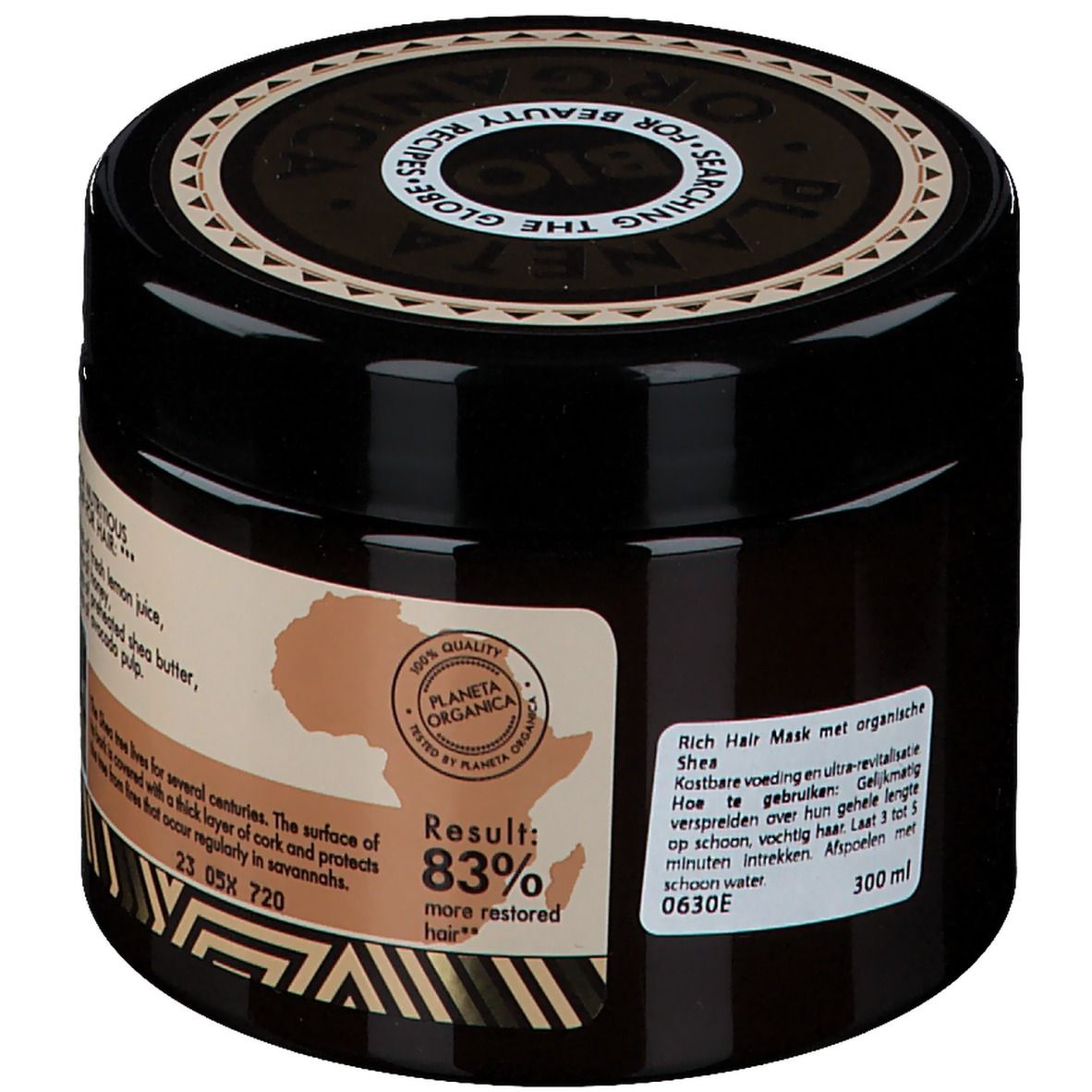 Pot brun foncé avec couvercle. Inscription : PLANETA ORGANICA BIO, ORGANIC SHEA, RICH HAIR MASK. Résultat : 83% de cheveux plus réparés.
