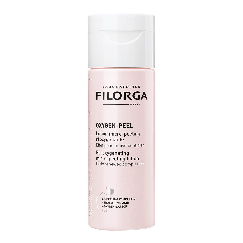 Flacon rose avec bouchon blanc. Inscription FILORGA OXYGEN-PEEL. Lotion micro-peeling réoxygénante.