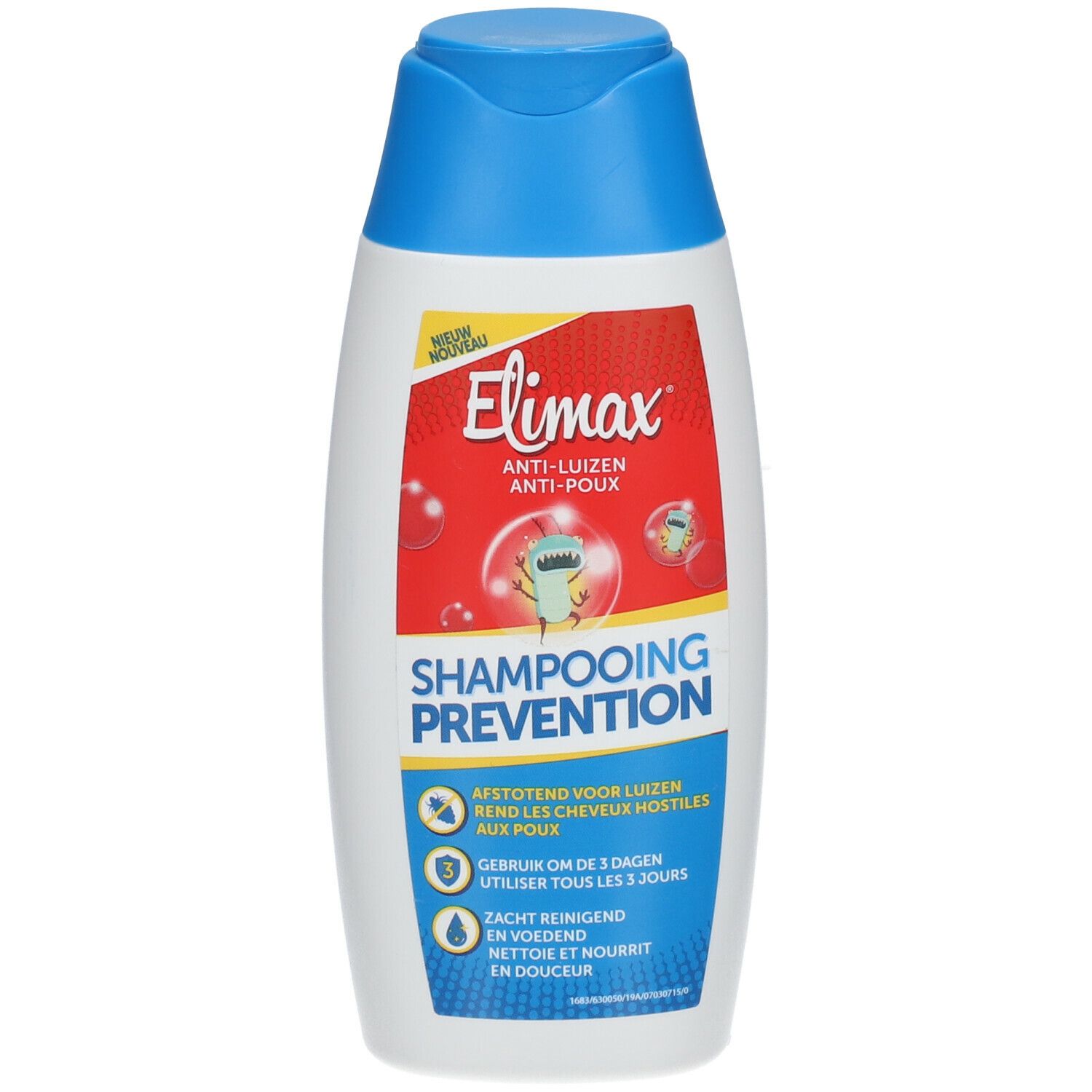 Shampoo Elimax anti-poux. Bouteille blanche, bouchon bleu. Étiquette rouge avec nom du produit et illustrations.