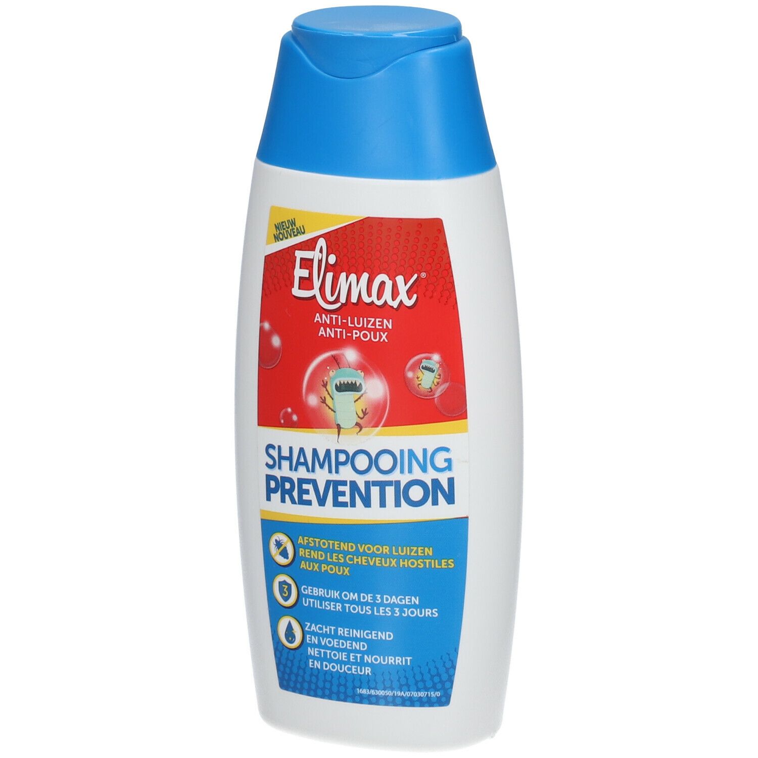 Shampoo Elimax anti-poux. Bouteille blanche, bouchon bleu. Étiquette rouge avec nom du produit et illustrations.