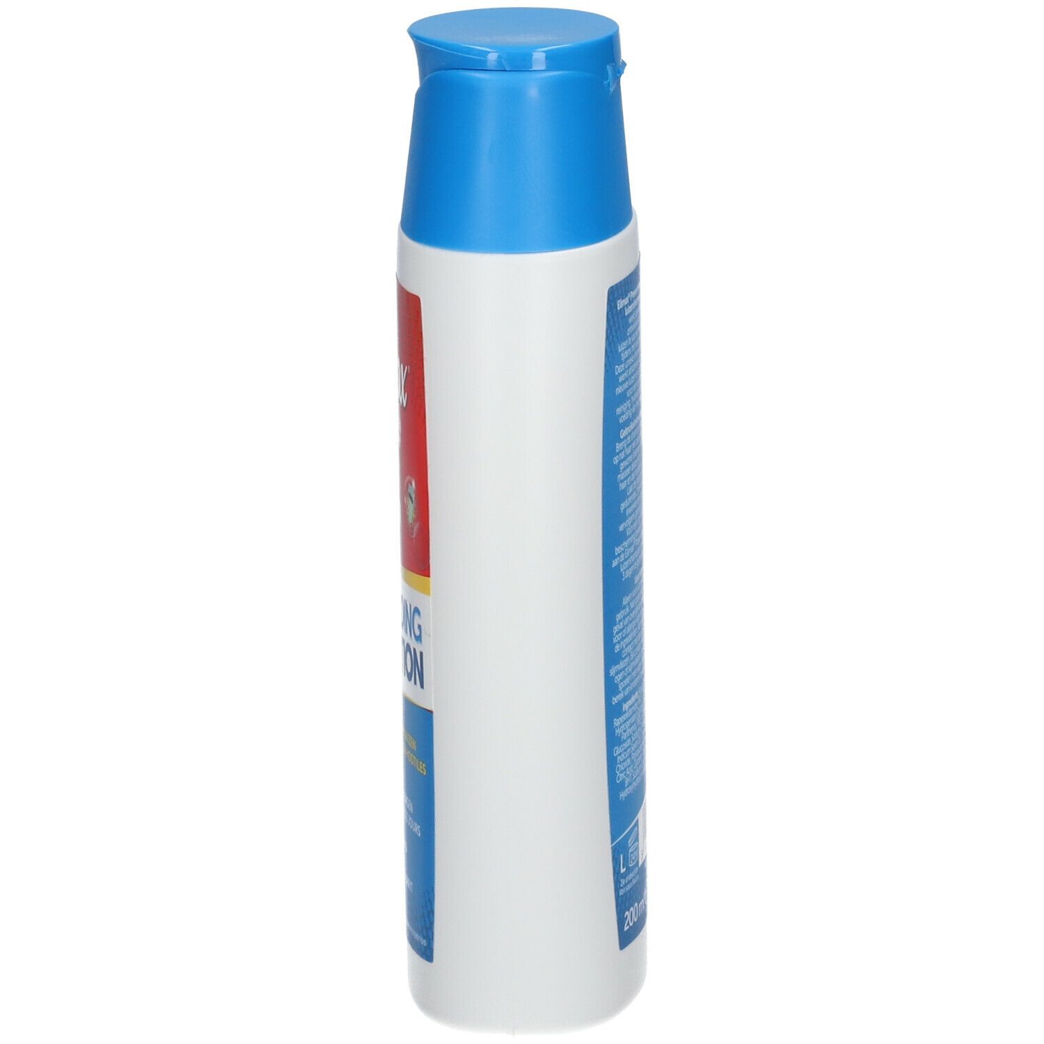 Shampoo Elimax anti-poux. Bouteille blanche, bouchon bleu. Vue latérale avec texte et informations produit.