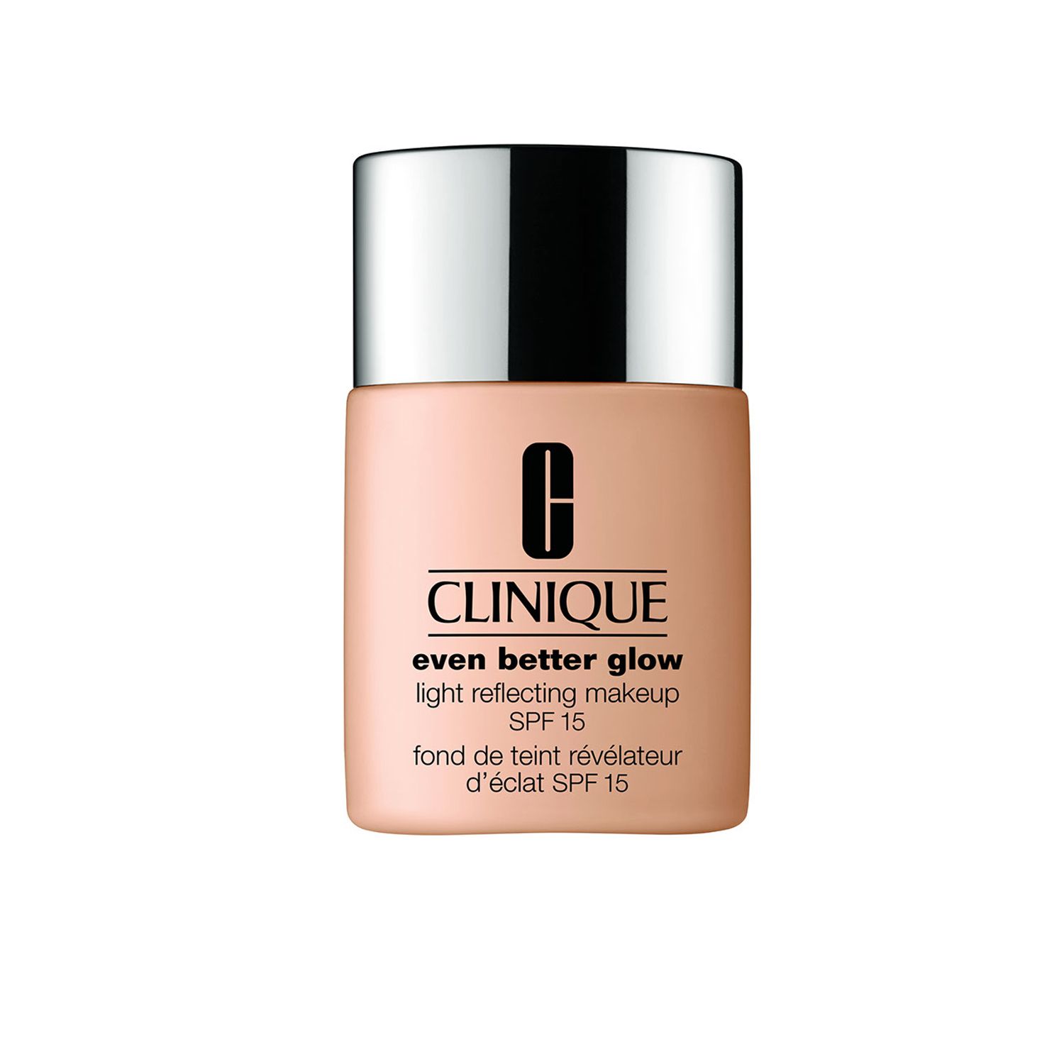 Flacon beige à bouchon argenté. Inscription: Clinique Even Better Glow Light Reflecting Makeup SPF 15.