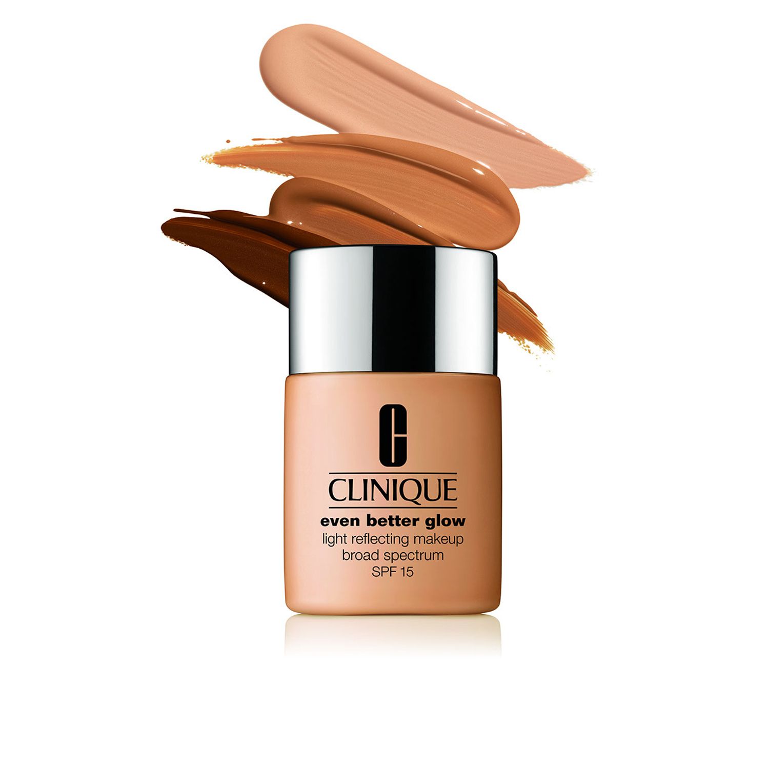 Flacon de fond de teint avec nuances. Inscription: Clinique Even Better Glow Light Reflecting Makeup SPF 15.