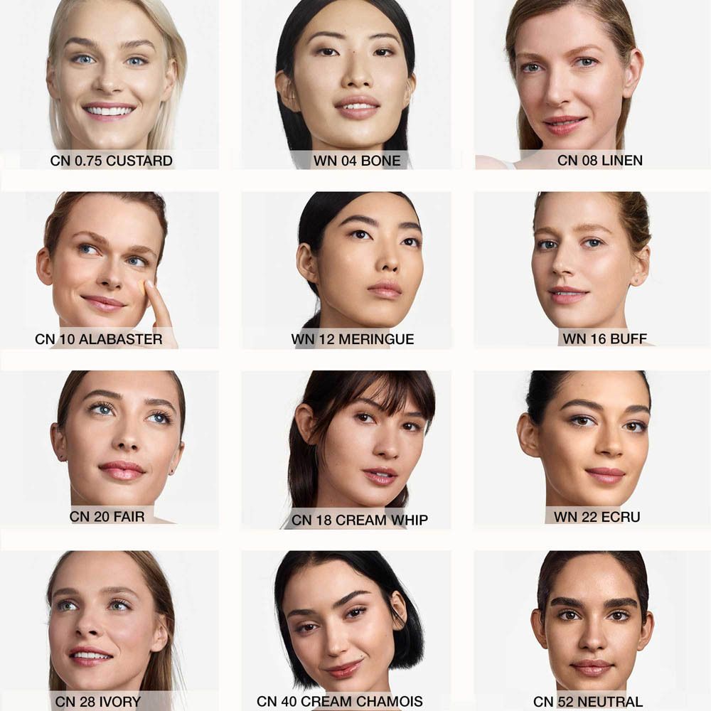 Collage de 12 femmes aux teints variés et aux noms de produits.
