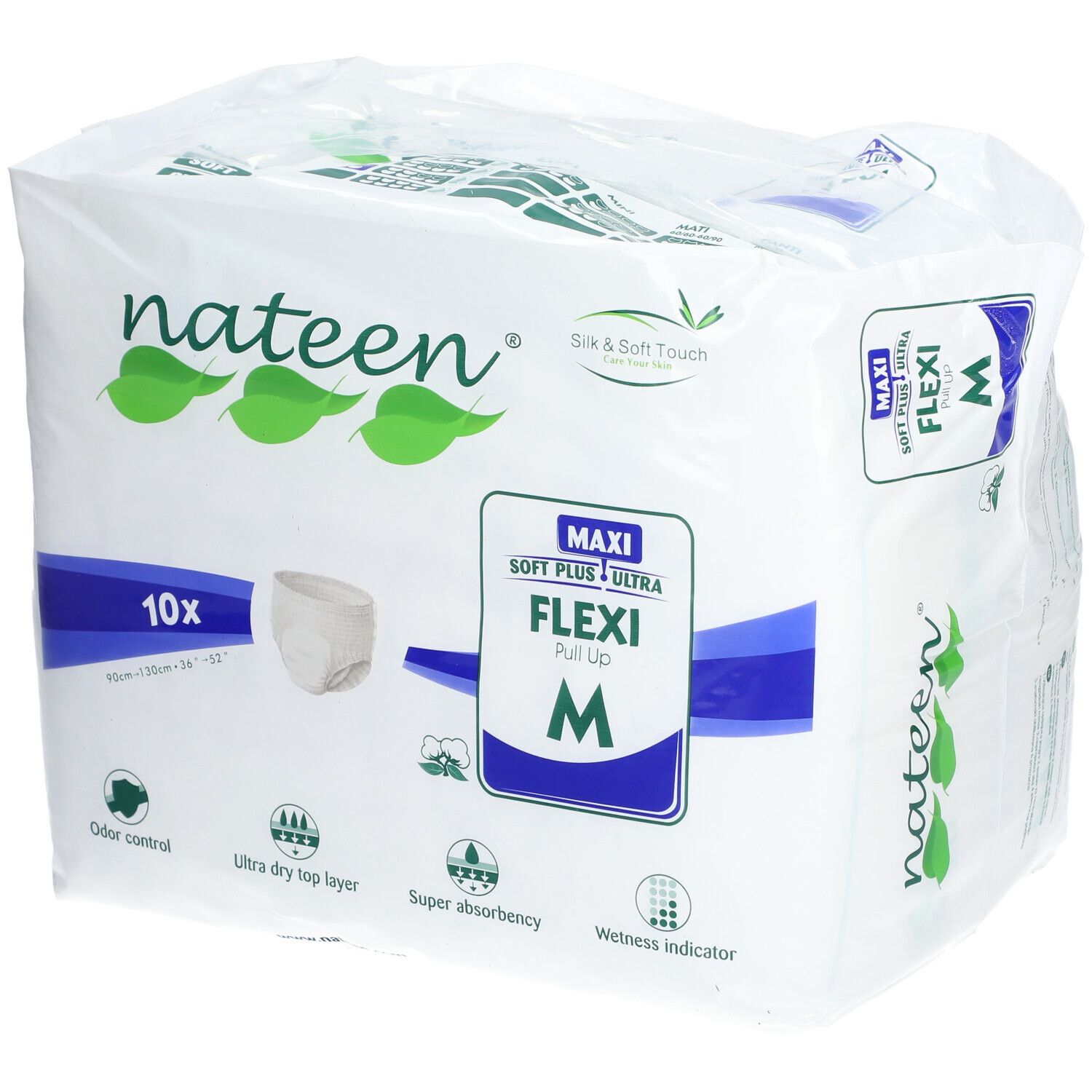 Paquet de Nateen Flexi Pants Maxi Medium. 10 unités. Taille M. Caractéristiques : contrôle des odeurs, couche supérieure ultra-sèche, super absorption.