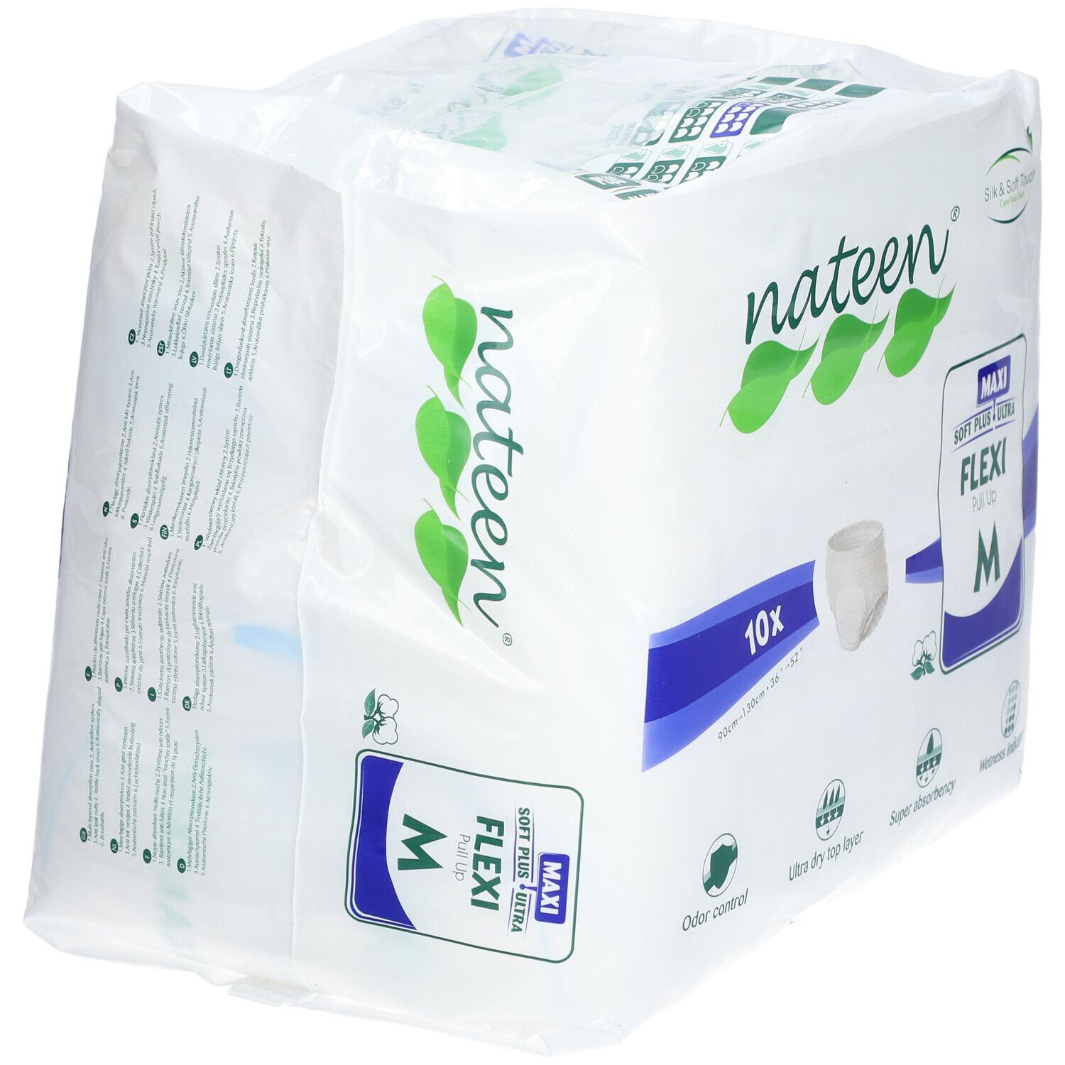 Paquet de Nateen Flexi Pants Maxi Medium. 10 unités. Taille M. Caractéristiques : contrôle des odeurs, couche supérieure ultra-sèche, super absorption.