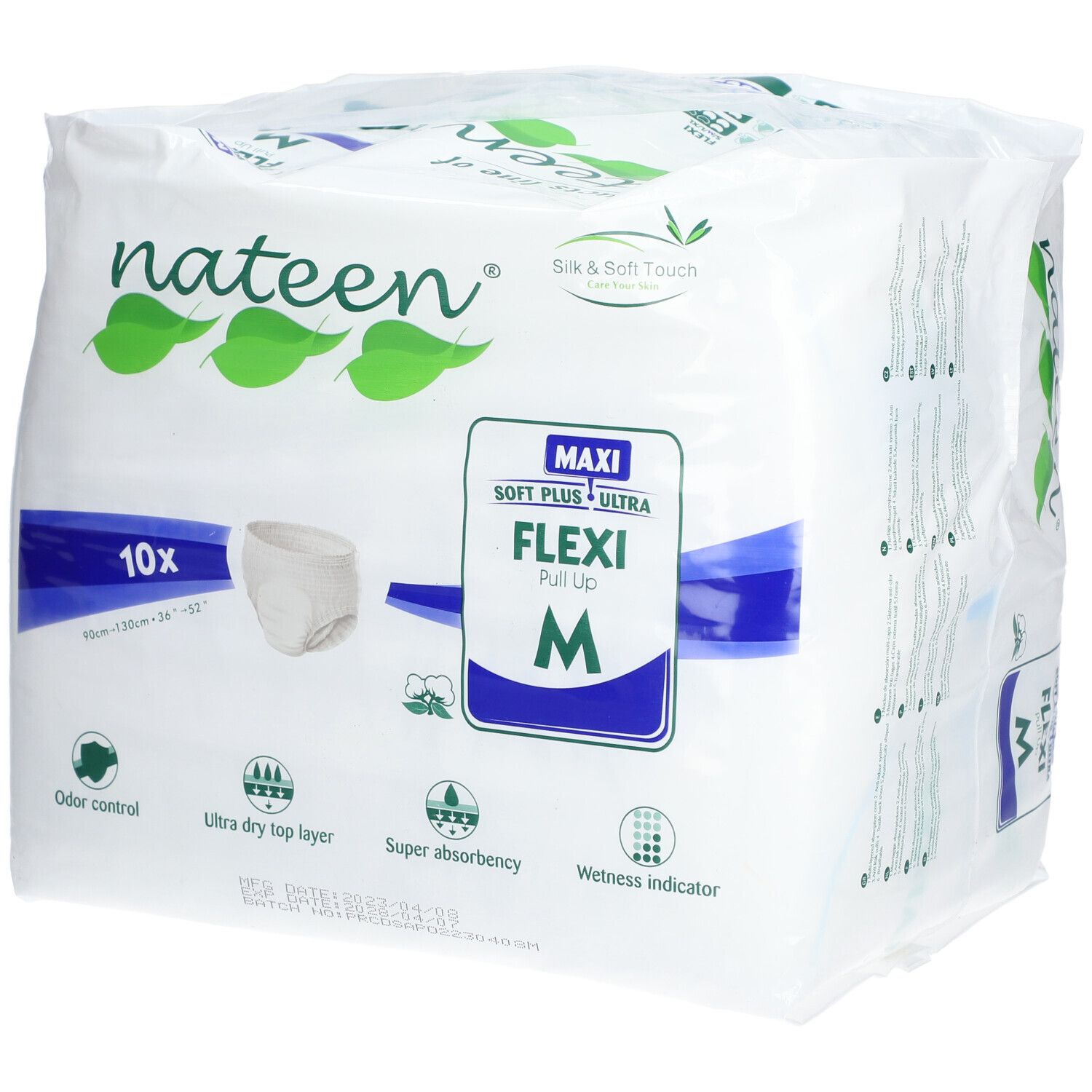 Paquet de Nateen Flexi Pants Maxi Medium. 10 unités. Taille M. Caractéristiques : contrôle des odeurs, couche supérieure ultra-sèche, super absorption.