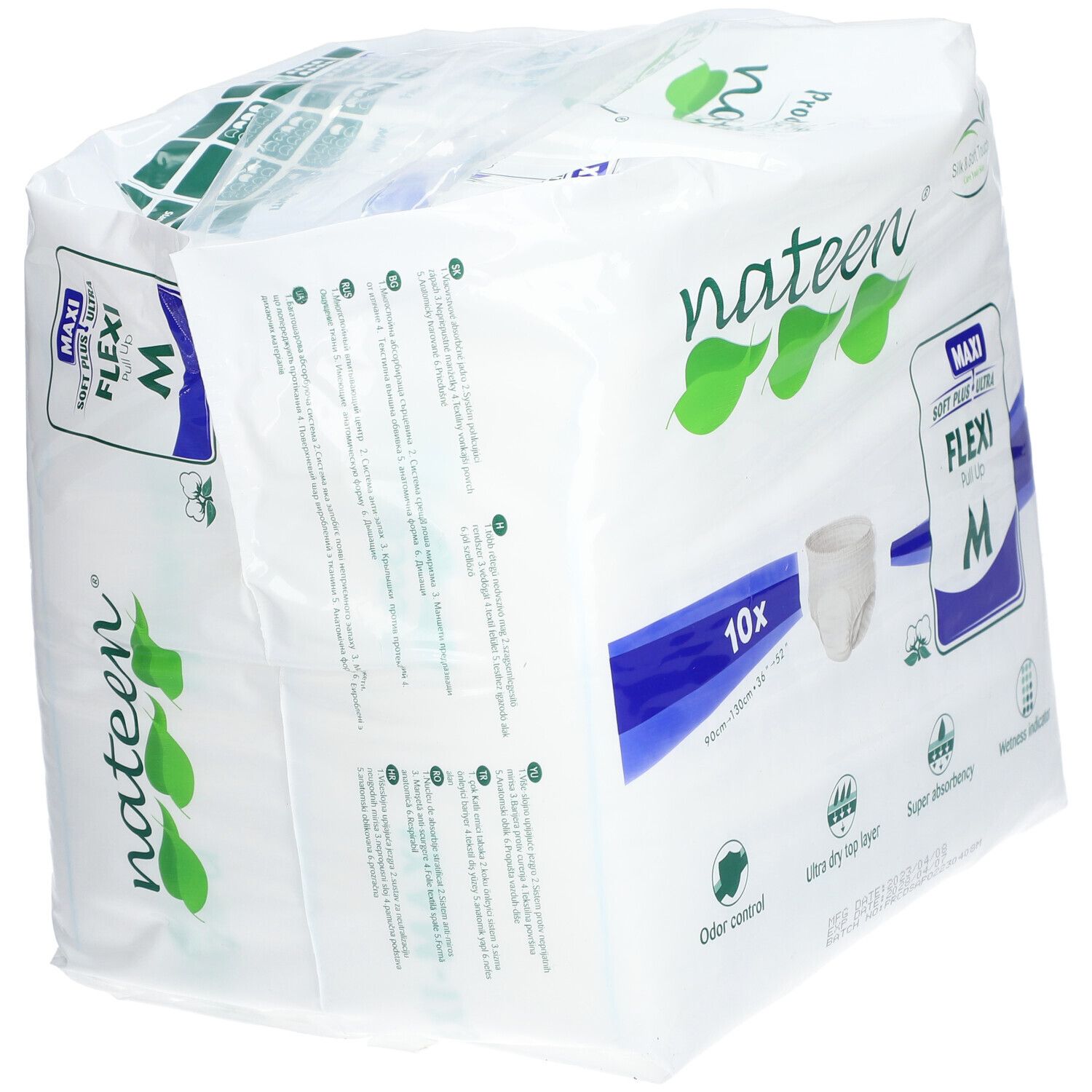 Paquet de Nateen Flexi Pants Maxi Medium. 10 unités. Taille M. Caractéristiques : contrôle des odeurs, couche supérieure ultra-sèche, super absorption.