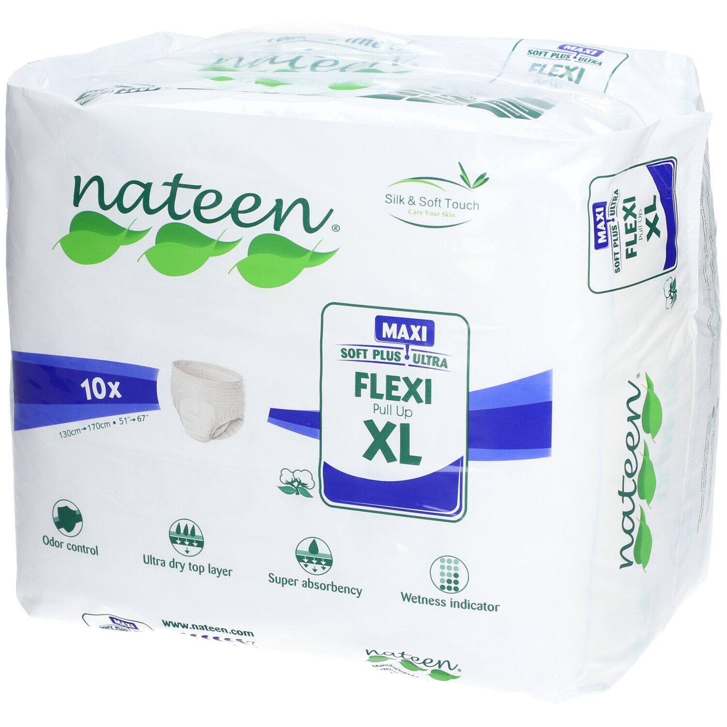 Paquet de Nateen Flexi Pants Maxi XL. Contient 10 unités. Informations sur l'absorption et le contrôle des odeurs.