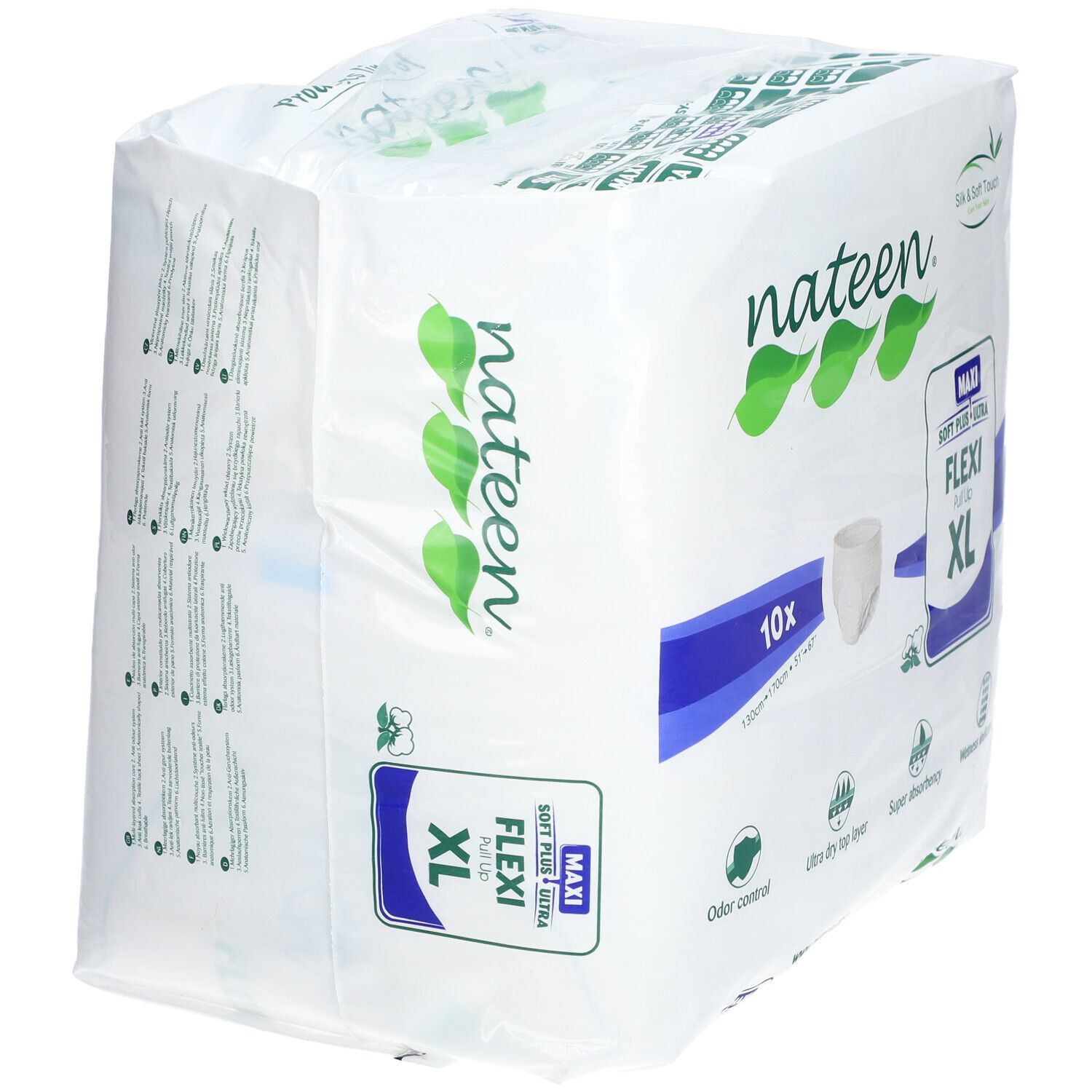 Paquet de Nateen Flexi Pants Maxi XL. Contient 10 unités. Informations sur l'absorption et le contrôle des odeurs.