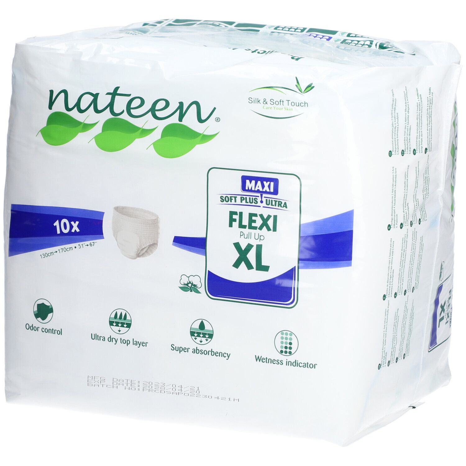 Paquet de Nateen Flexi Pants Maxi XL. Contient 10 unités. Informations sur l'absorption et le contrôle des odeurs.