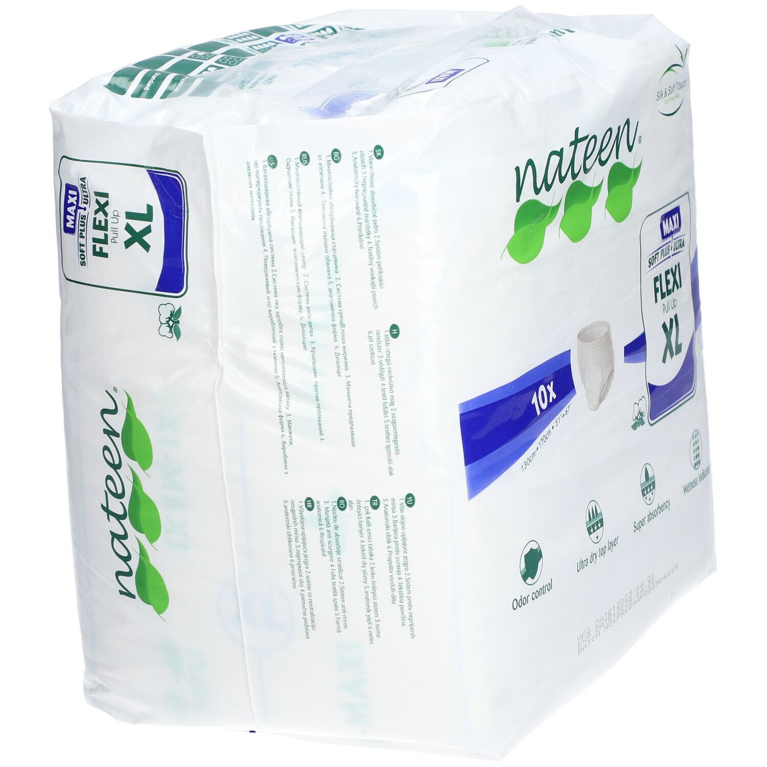 Paquet de Nateen Flexi Pants Maxi XL. Contient 10 unités. Informations sur l'absorption et le contrôle des odeurs.