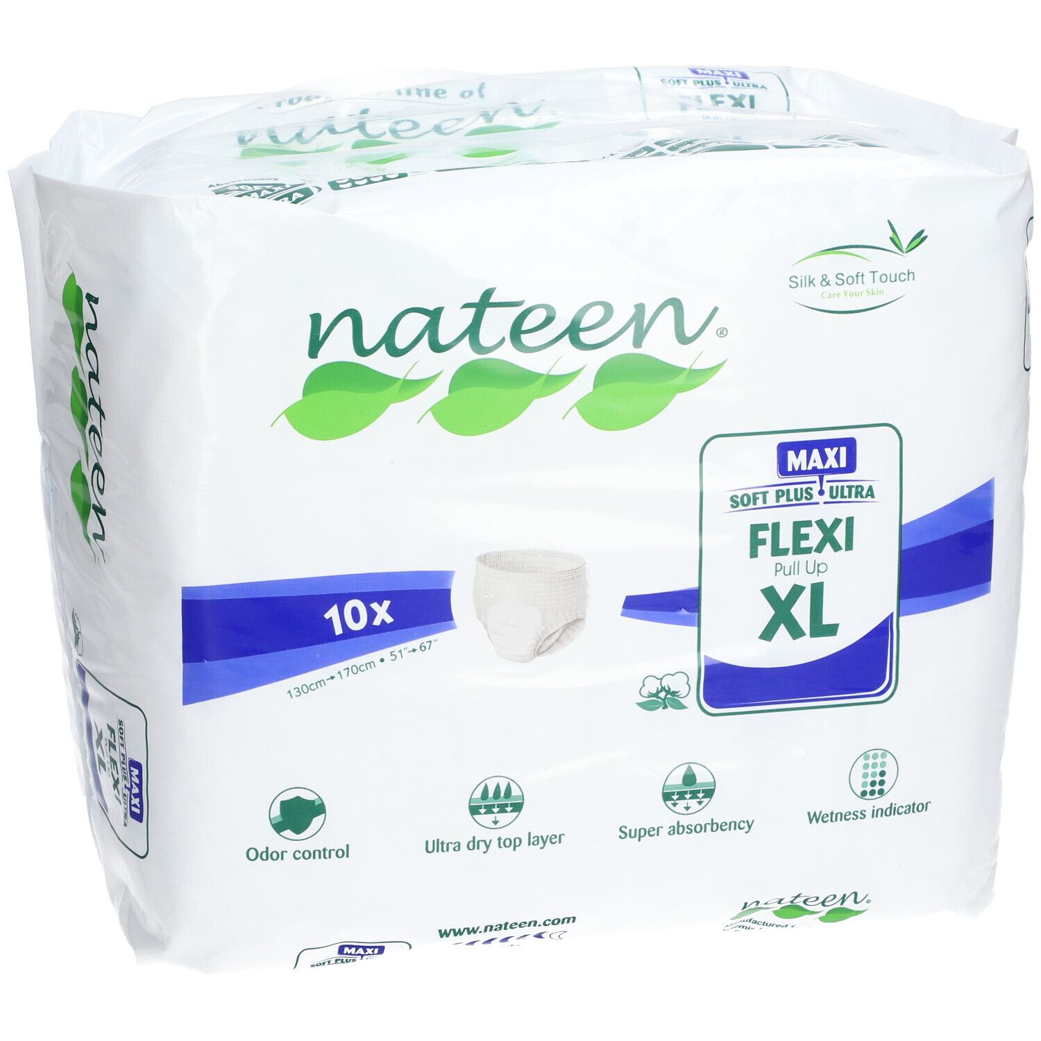 Paquet de Nateen Flexi Pants Maxi XL. Contient 10 unités. Informations sur l'absorption et le contrôle des odeurs.