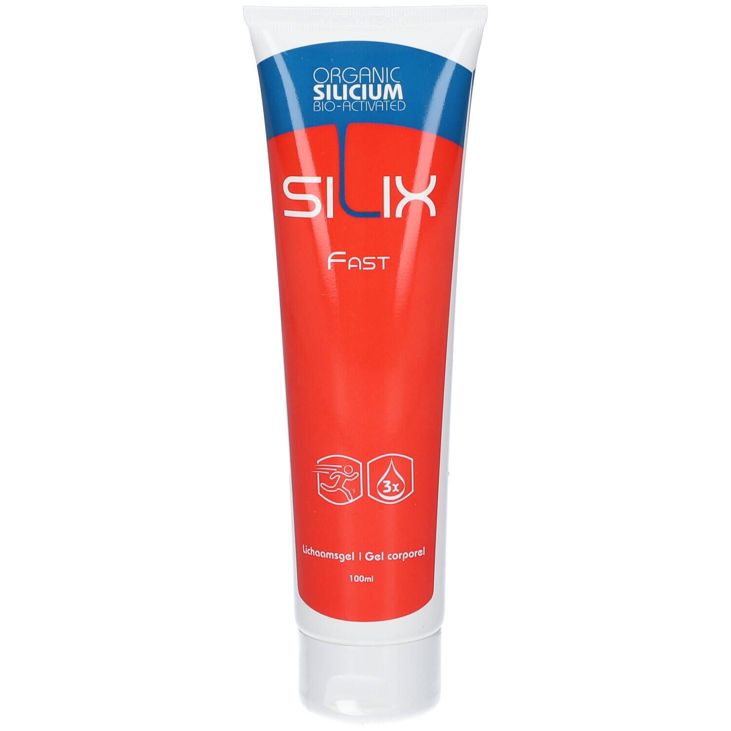 Tube de lotion corporelle rouge. Bouchon blanc, lettrage bleu et blanc. SILIX Fast. Gel corporal. Symbole 3x.