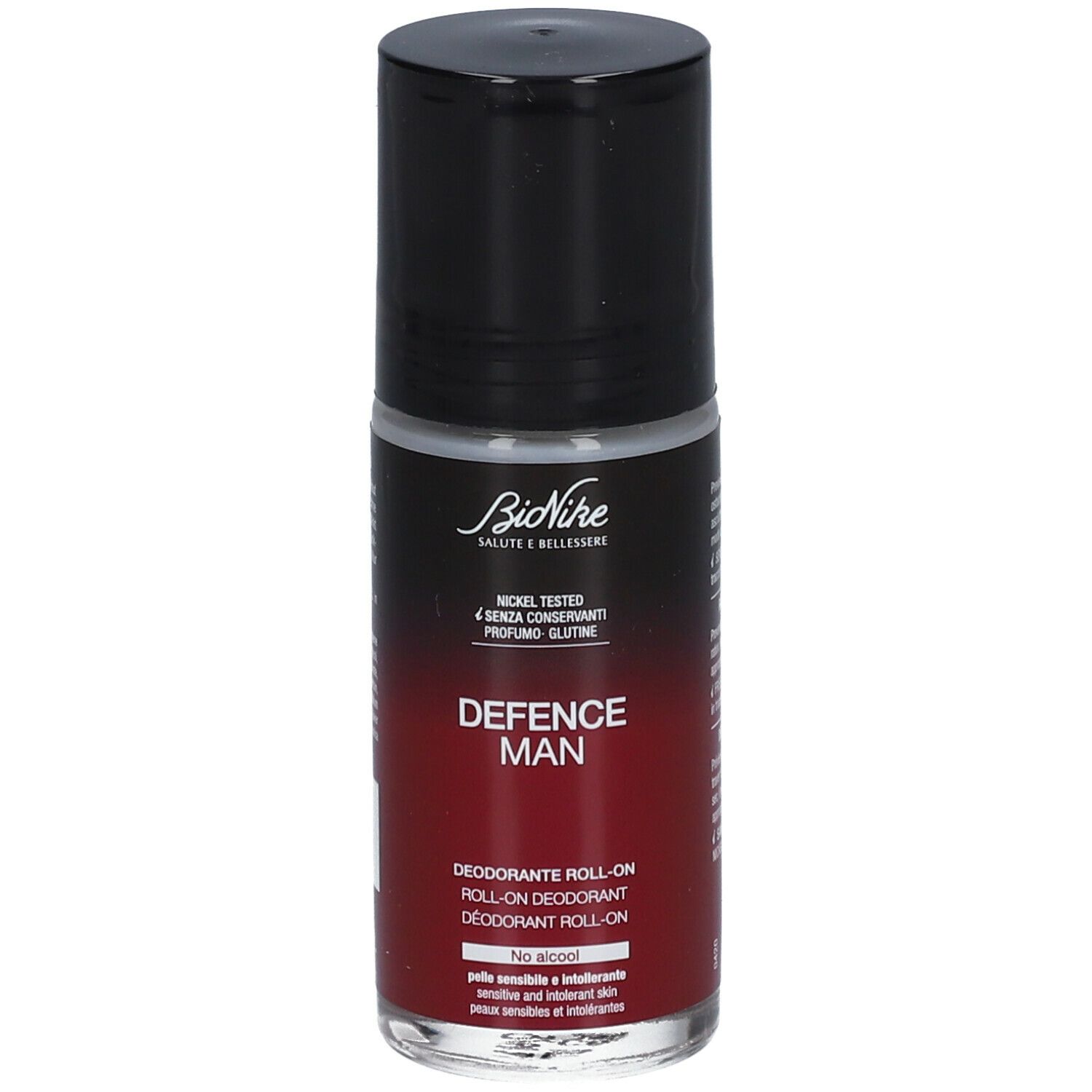 Déodorant roll-on avec bouchon noir. Marque BioNike, inscription DEFENCE MAN. Dégradé de couleurs rouge.