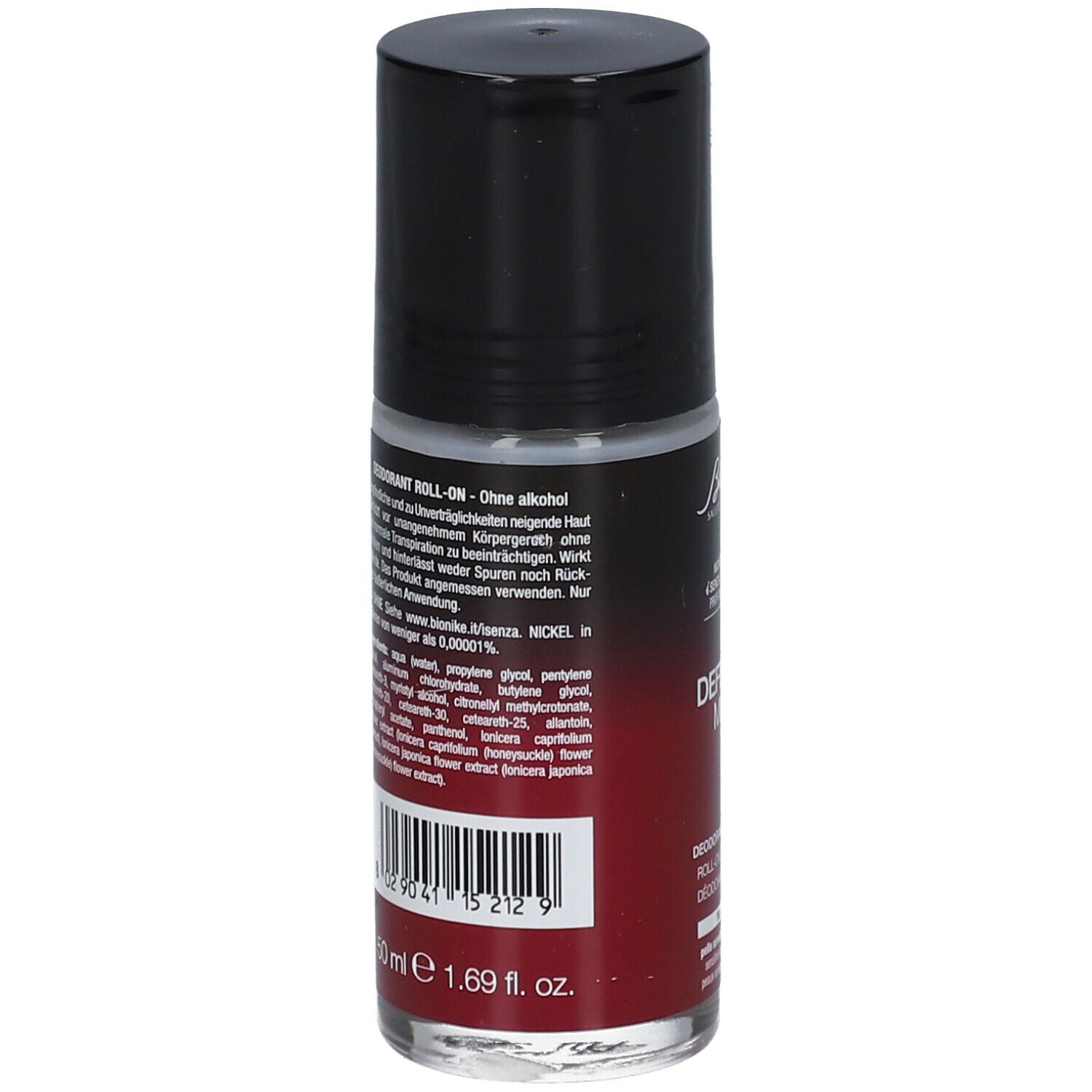 Déodorant roll-on, dos. Bouchon noir, texte et écriture rouges. Ingrédients et informations.