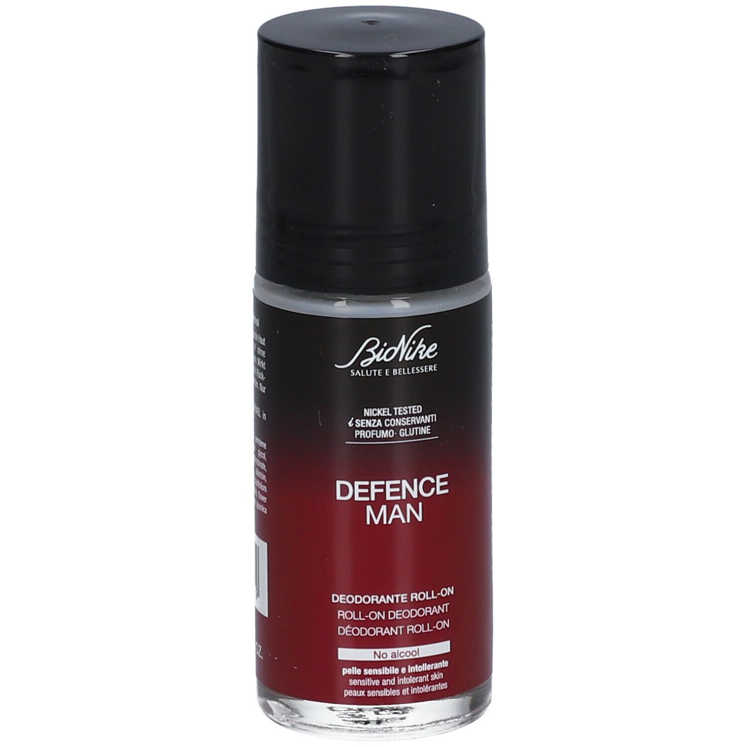 Déodorant roll-on avec bouchon noir. Marque BioNike, inscription DEFENCE MAN. Dégradé de couleurs rouge.