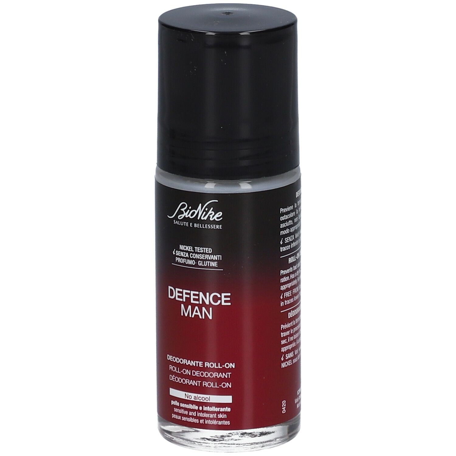 Déodorant roll-on avec bouchon noir. Marque BioNike, inscription DEFENCE MAN. Dégradé de couleurs rouge.
