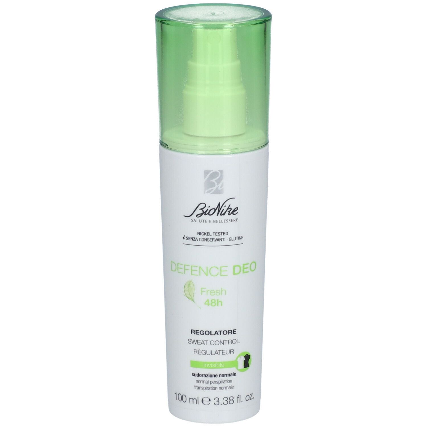 Vaporisateur déodorant avec bouchon vert. Inscription: Defence Deo Fresh 48h. Marque: BioNike. Étiquette blanche avec informations.