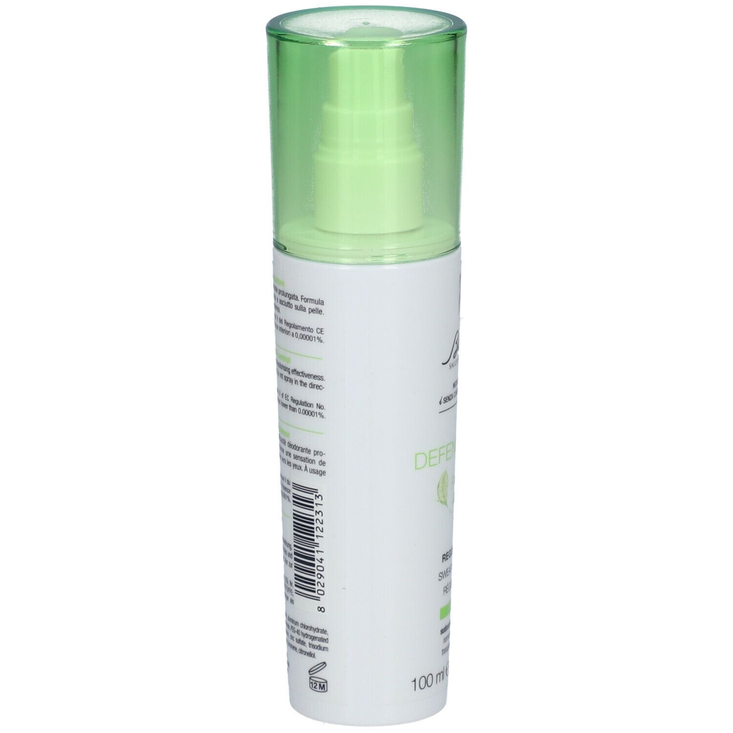 Vue latérale du vaporisateur. Bouchon vert, étiquette blanche avec texte. Marque: BioNike. Informations produit et code-barres.