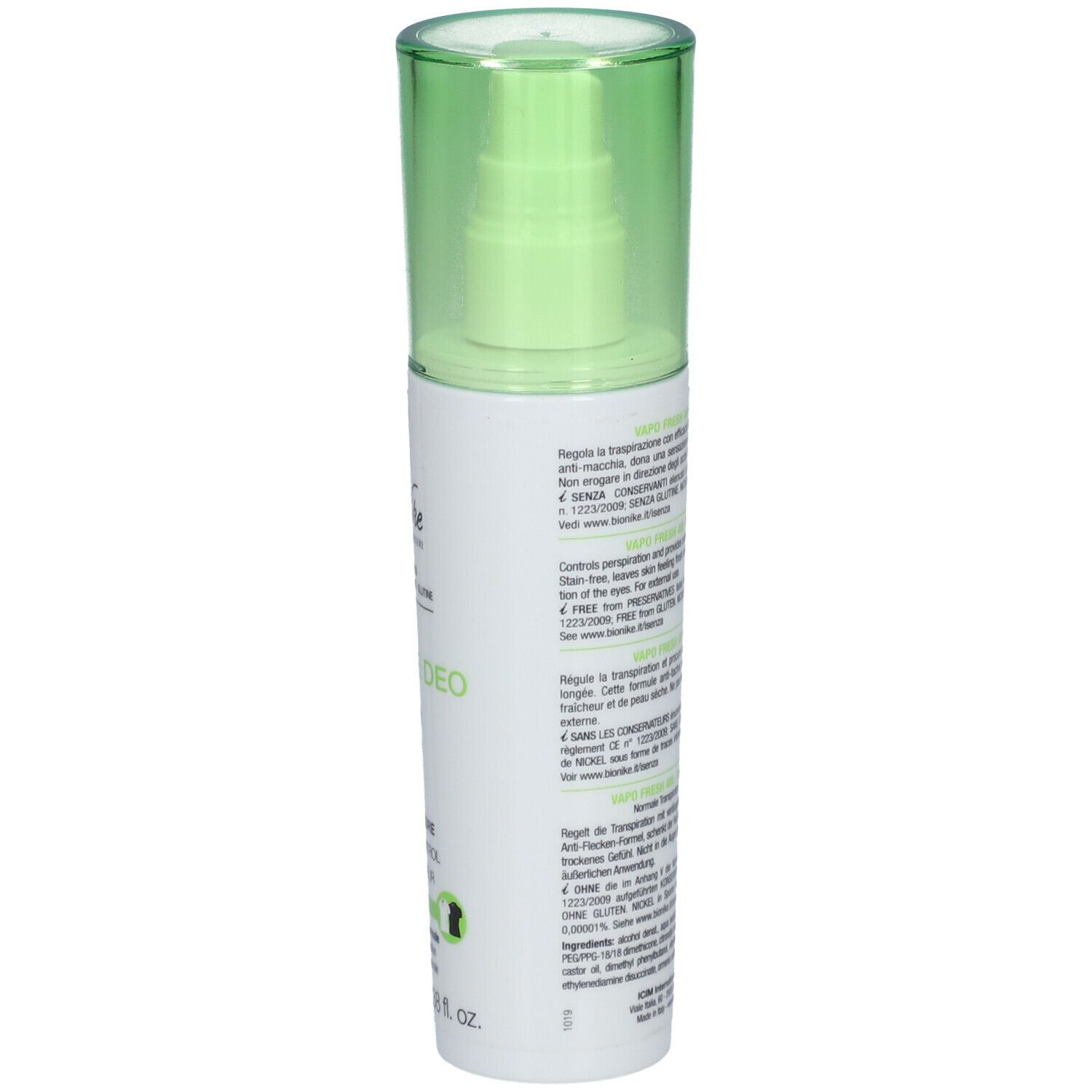 Vue latérale du vaporisateur. Bouchon vert, étiquette blanche avec texte. Marque: BioNike. Informations produit et code-barres.