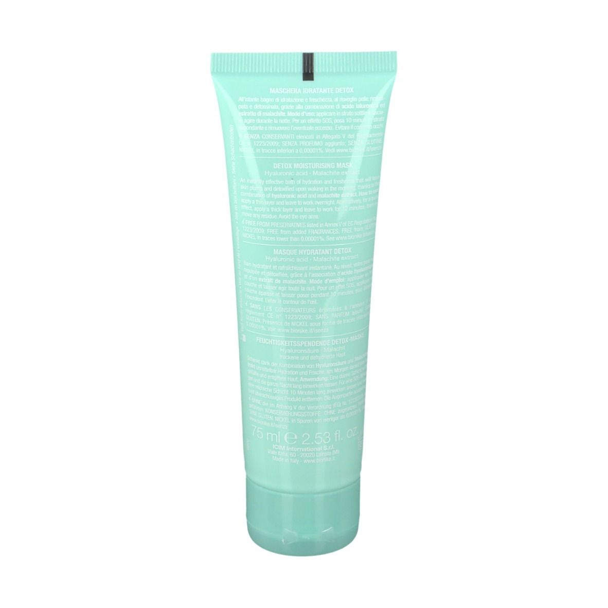 Tube turquoise avec texte blanc. Informations produit au dos. Inscription : "BioNike".