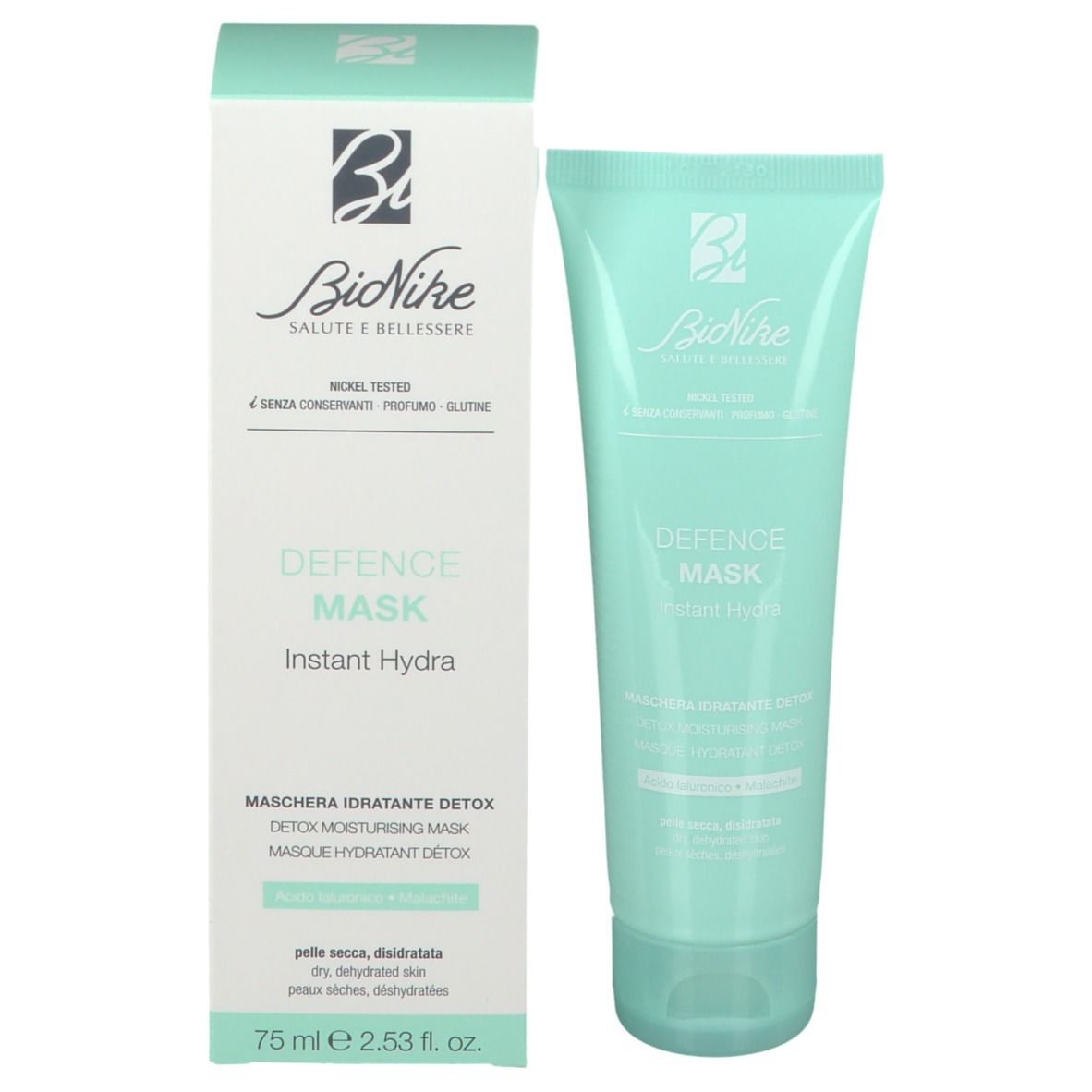 Emballage produit avec tube et boîte. Tube : turquoise, texte. Boîte : blanc, turquoise, texte. Marque : BioNike.