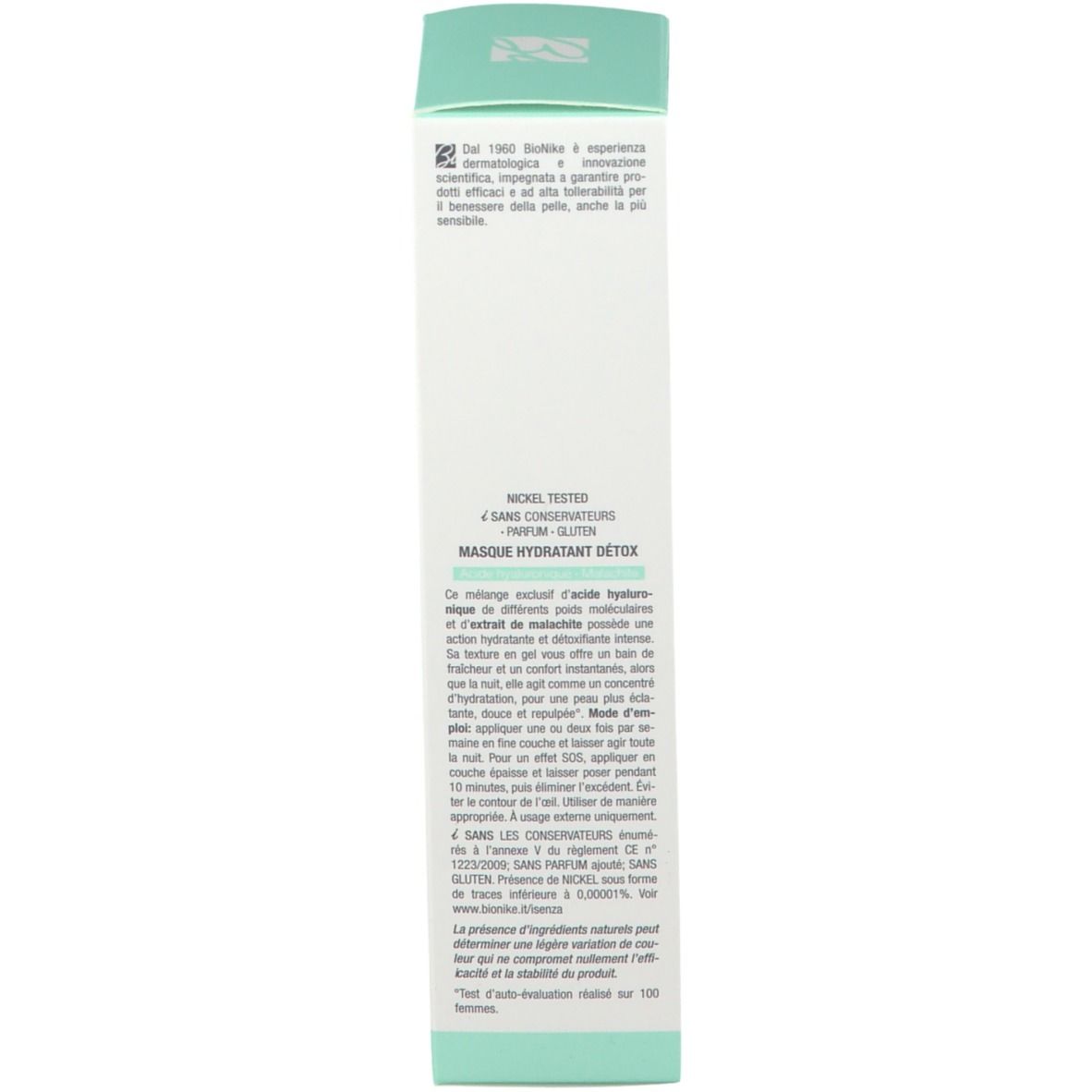 Boîte, blanche avec accents turquoise. Texte et logo BioNike. Informations produit et ingrédients.