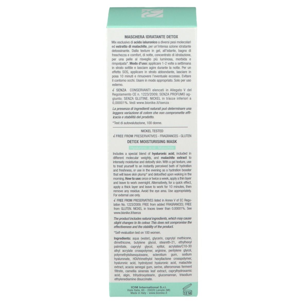 Boîte, blanche avec accents turquoise. Texte et logo BioNike. Informations produit et ingrédients.