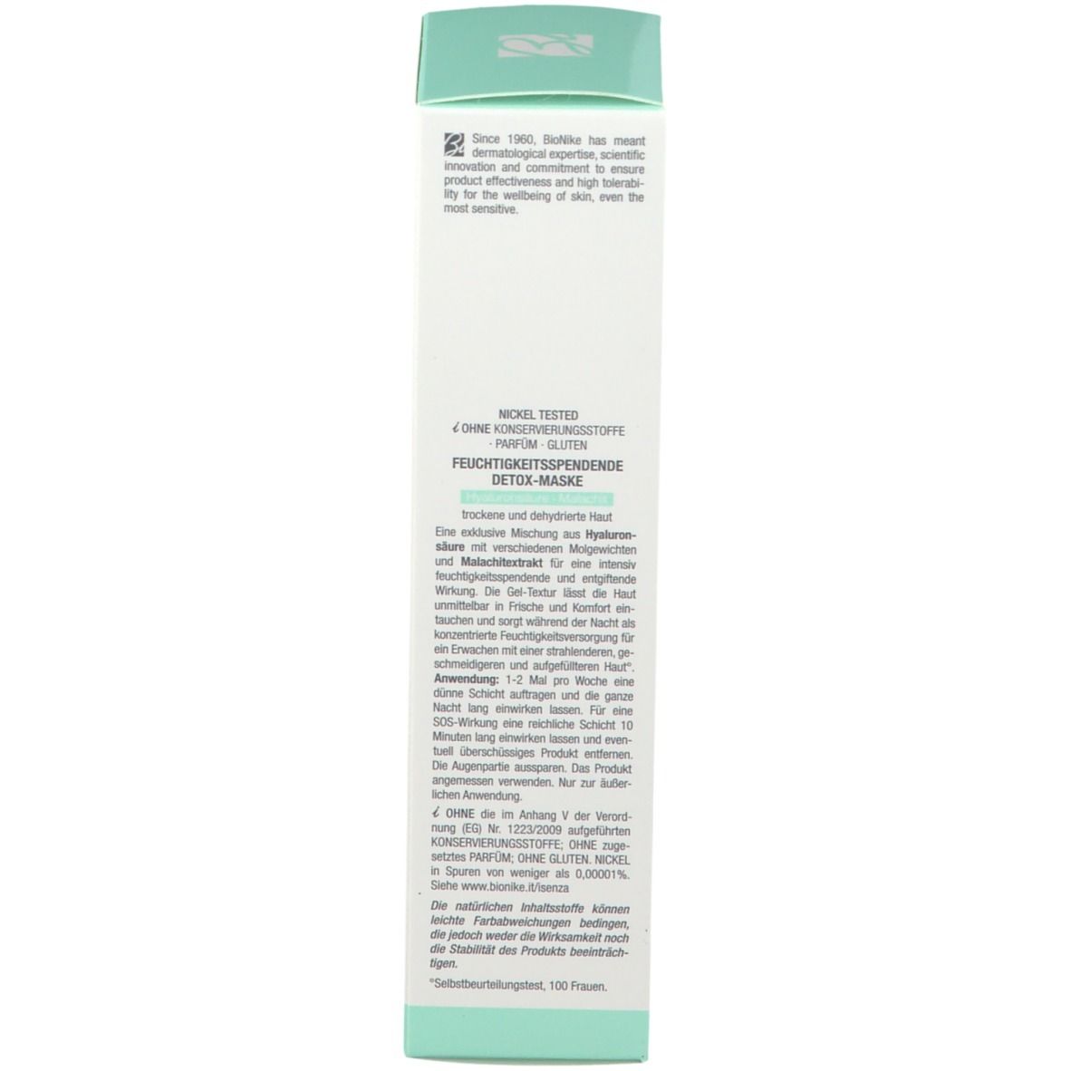 Boîte, blanche avec accents turquoise. Texte et logo BioNike. Informations produit et ingrédients.