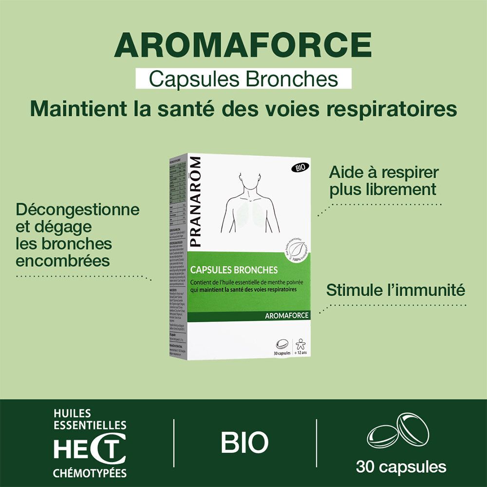 Aromaforce Capsules Bronches. Maintient la santé des voies respiratoires. 30 capsules. BIO.