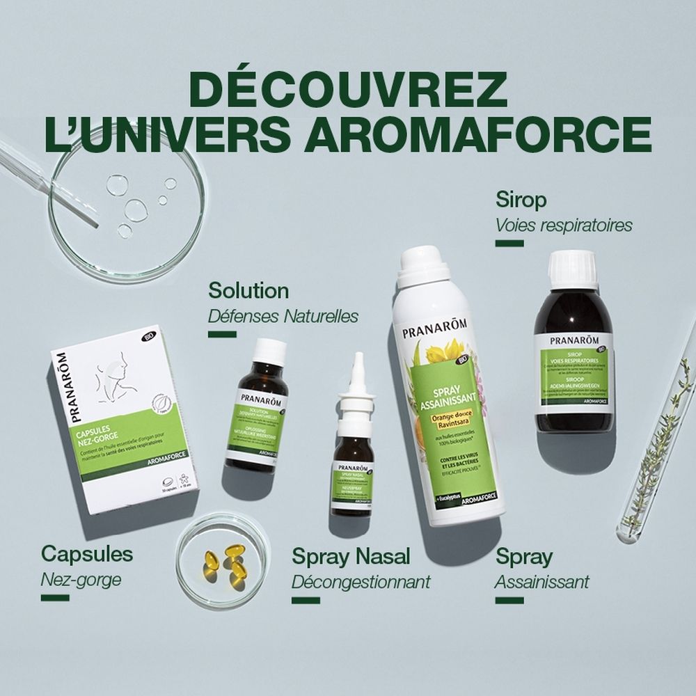Arrière de la bouteille Pranarôm Sirop Voies Respiratoires. Sceau Bio et date d'expiration.