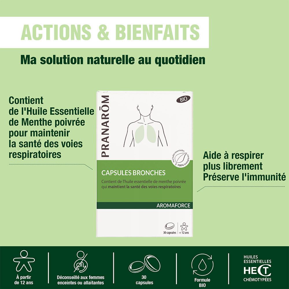 PRANARÔM - Aromaforce - Capsules Bronches - Compléments Alimentaires Aux Huiles Essentielles - Menthe Poivrée - Bon pour des voies respiratoires saines - 100% Bio - 30 Capsules