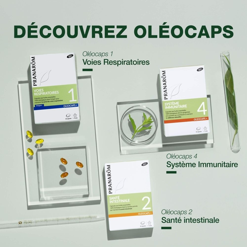 Boîte de gélules. Inscription: Système Immunitaire 4. Certification Bio. 30 gélules. Gélules jaunes à côté.