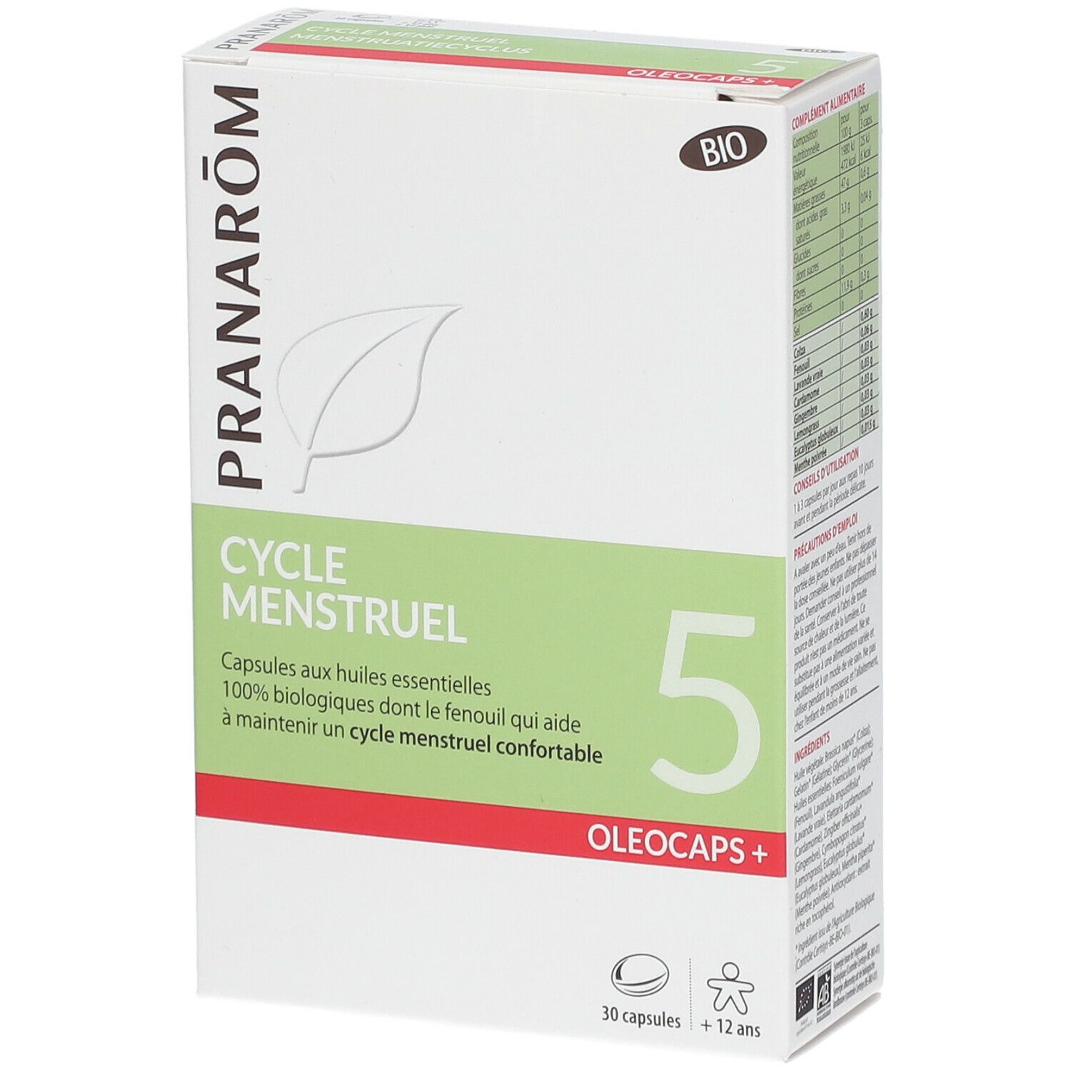 Boîte "Cycle Menstruel 5 Oleocaps+". Contient 30 capsules. Certification Bio. Marque Pranarôm.