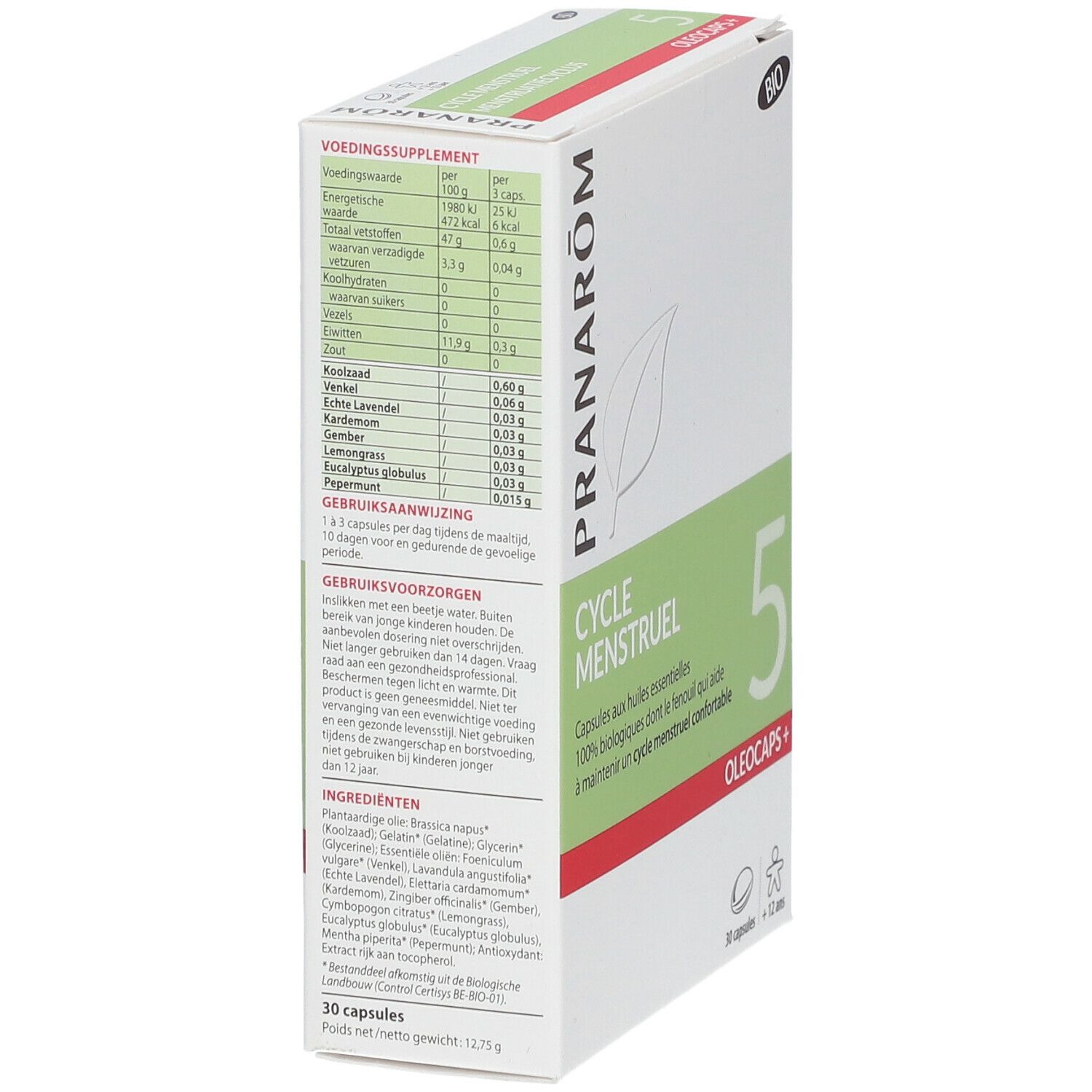 Boîte "Cycle Menstruel 5 Oleocaps+". Contient informations nutritionnelles et ingrédients. Marque Pranarôm.