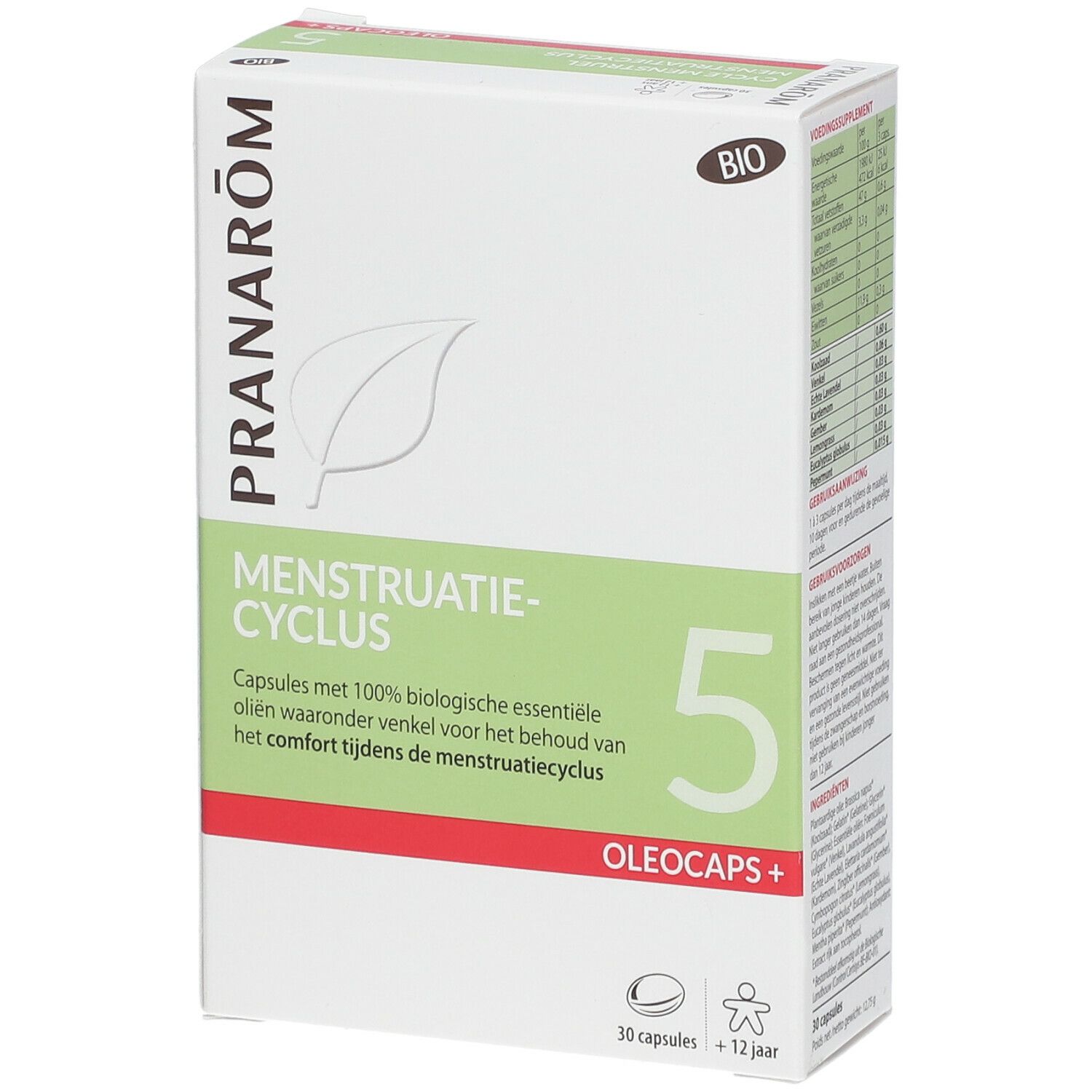 Boîte "Menstruatie-Cyclus 5 Oleocaps+". Contient 30 capsules. Certification Bio. Marque Pranarôm.