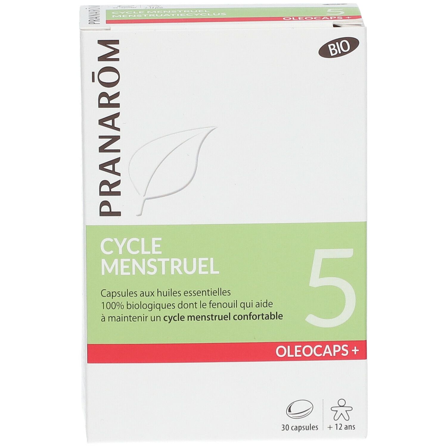 Boîte "Cycle Menstruel 5 Oleocaps+". Contient 30 capsules. Certification Bio. Marque Pranarôm.