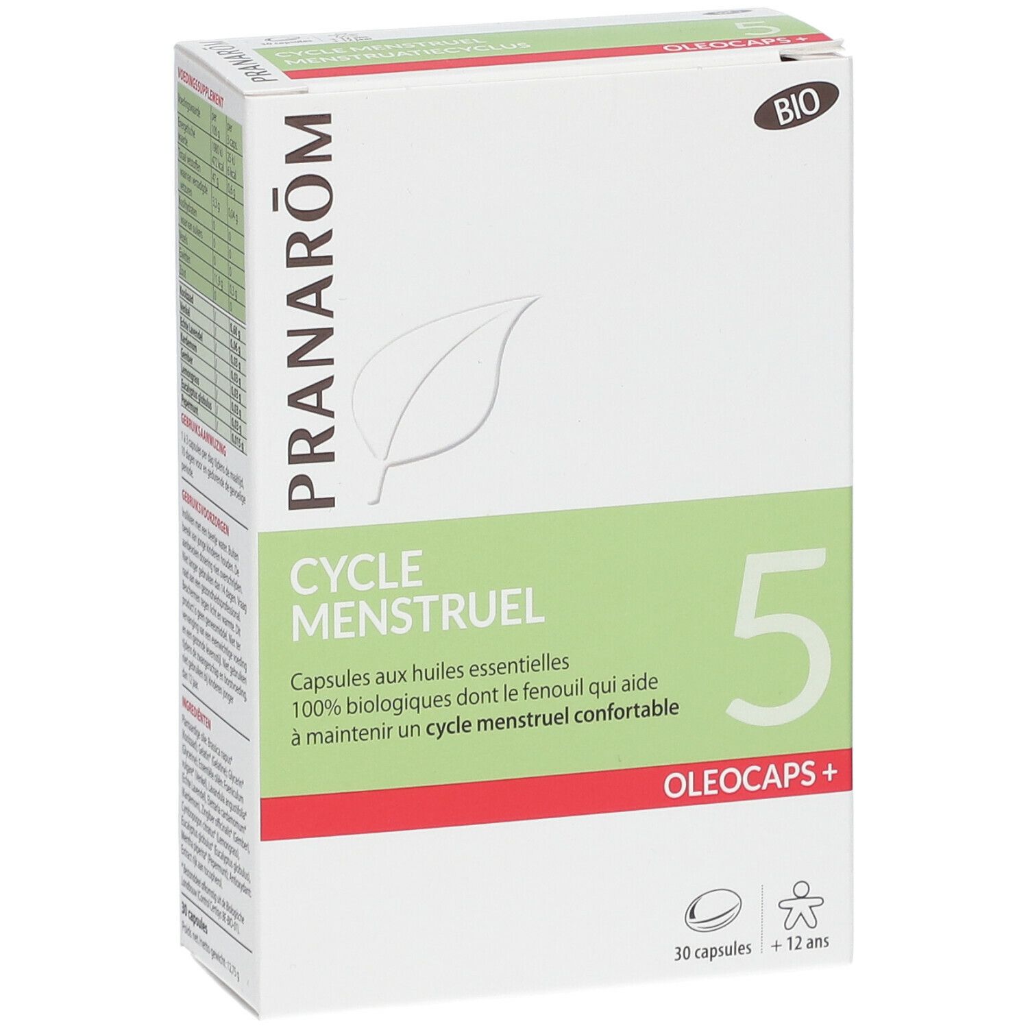 Boîte "Cycle Menstruel 5 Oleocaps+". Contient 30 capsules. Certification Bio. Marque Pranarôm.