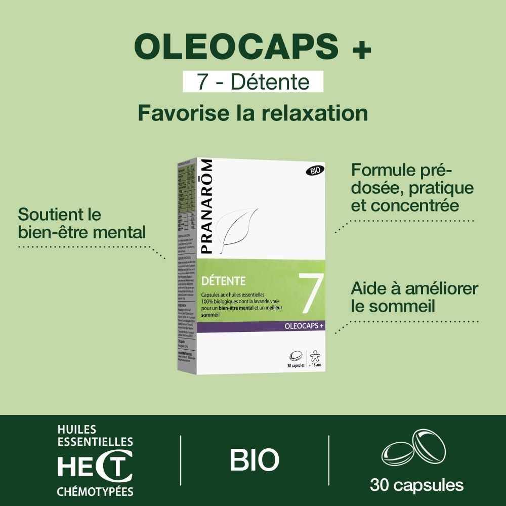 Boîte blanche, accents verts. Texte: DÉTENTE 7 OLEOCAPS+. 30 capsules. Certification Bio.