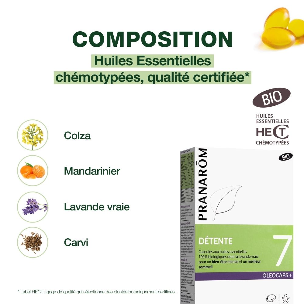 Emballage produit avec texte: DÉTENTE 7 OLEOCAPS+. Ingrédients, informations nutritionnelles. Certification Bio.