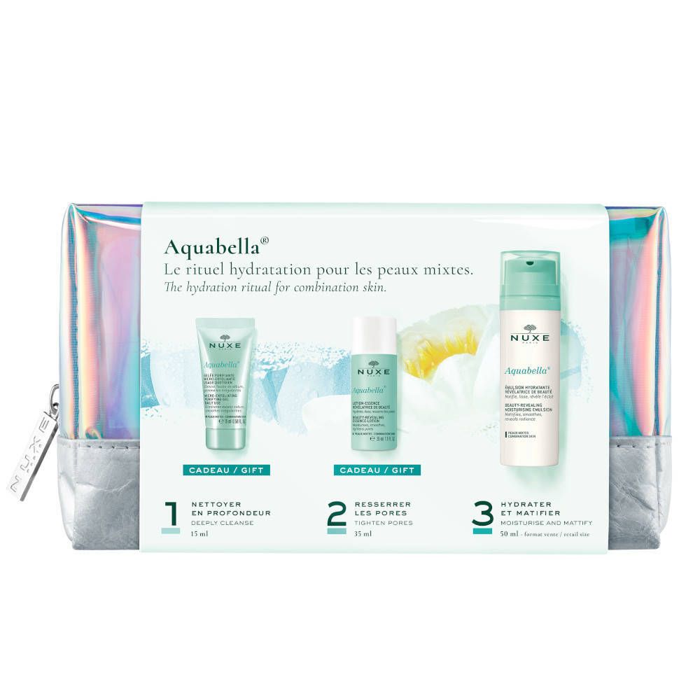 Trousse avec trois produits Nuxe Aquabella. Contient nettoyage, affinement des pores et hydratation. Texte: Aquabella.