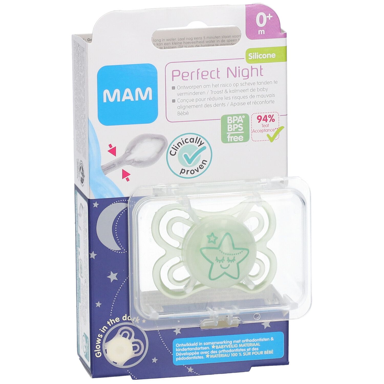 Sucette MAM Perfect Night en emballage. Tétine phosphorescente avec motif étoile. Sans BPA. 0-6 mois.