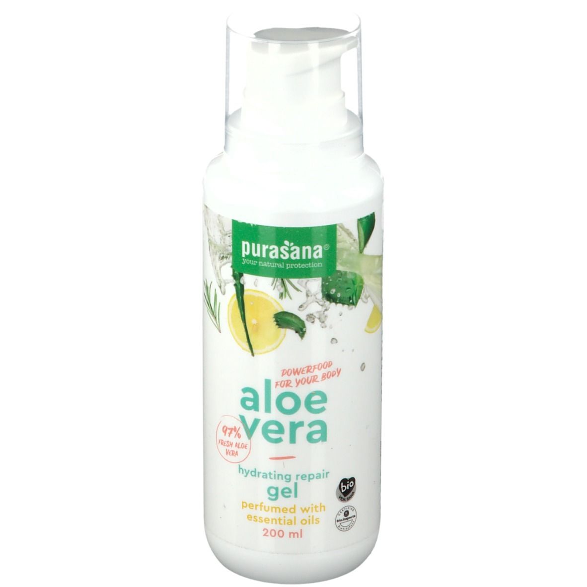 Flacon blanc avec pompe. Inscription: purasana® Gel Aloe Vera, 97% Aloe Vera. Avec huiles bio.