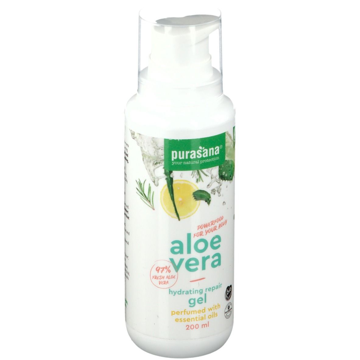 Flacon blanc avec pompe. Inscription: purasana® Gel Aloe Vera, 97% Aloe Vera. Avec huiles bio.