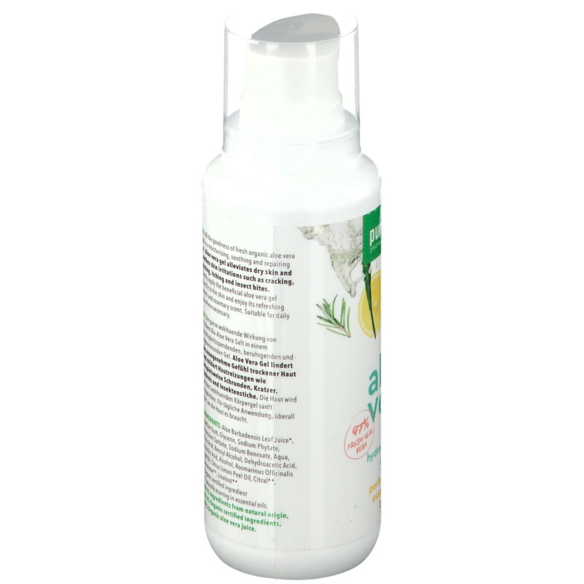Dos du flacon blanc. Texte multilingue. Inscription: purasana® Gel Aloe Vera. Avec huiles bio.