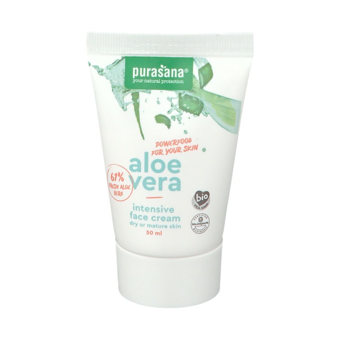 Tube de crème purasana® Aloe Vera Bio-Intensiv-Gesichtscreme. Contient 61% d'aloe vera frais. Certification bio.